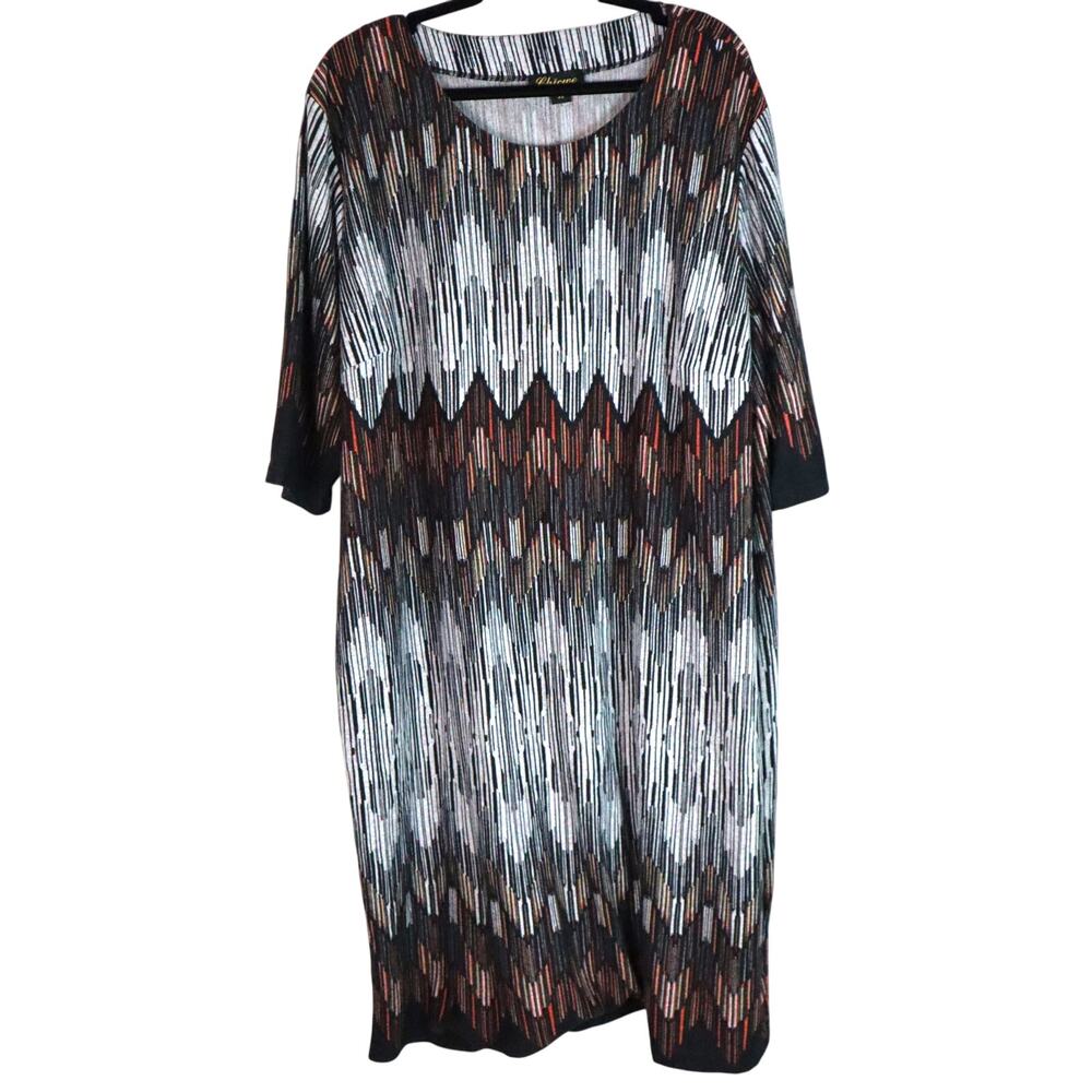 Midi Brown Black Sweater Dress Plus 3x Geometric 3/4 Sleeve Straight Stretch